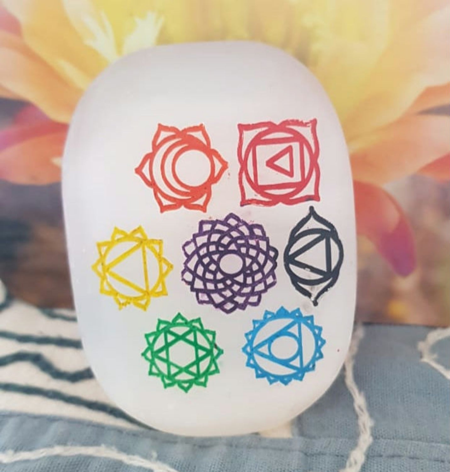 Selenite 7 Chakra Palm Stone image 0