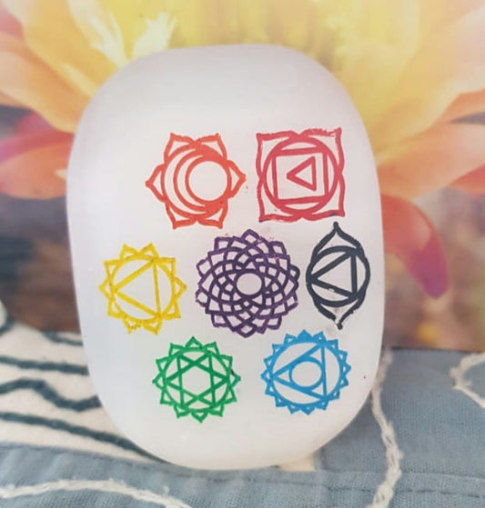 Selenite 7 Chakra Palm Stone image 0