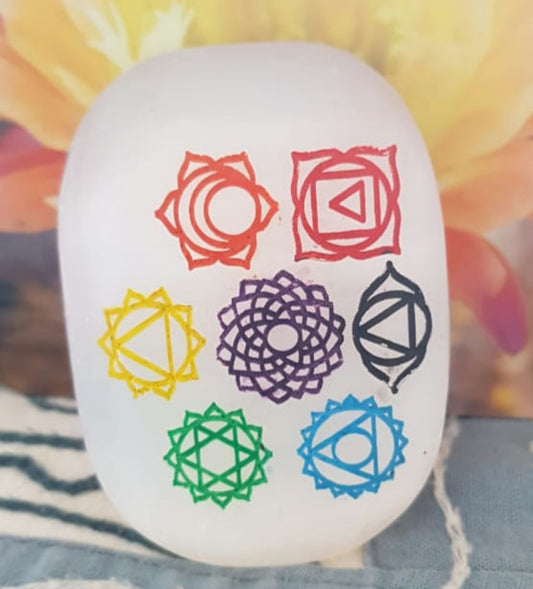 Chakra Symbols on Selenite Palm Stones image 0